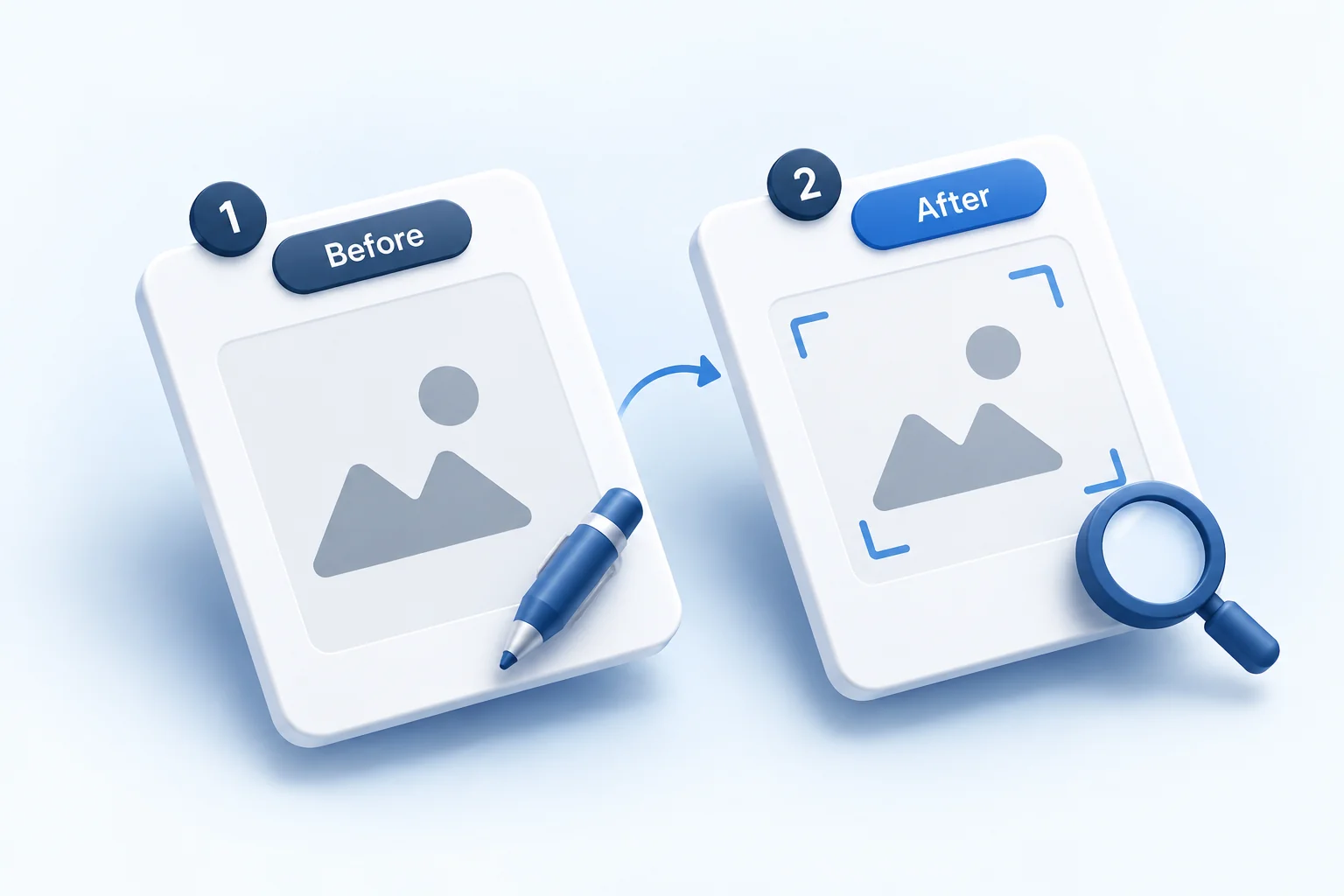 An illustration of two photo cards labelled Before and After, with an annotation pen and a magnifying zoom icon