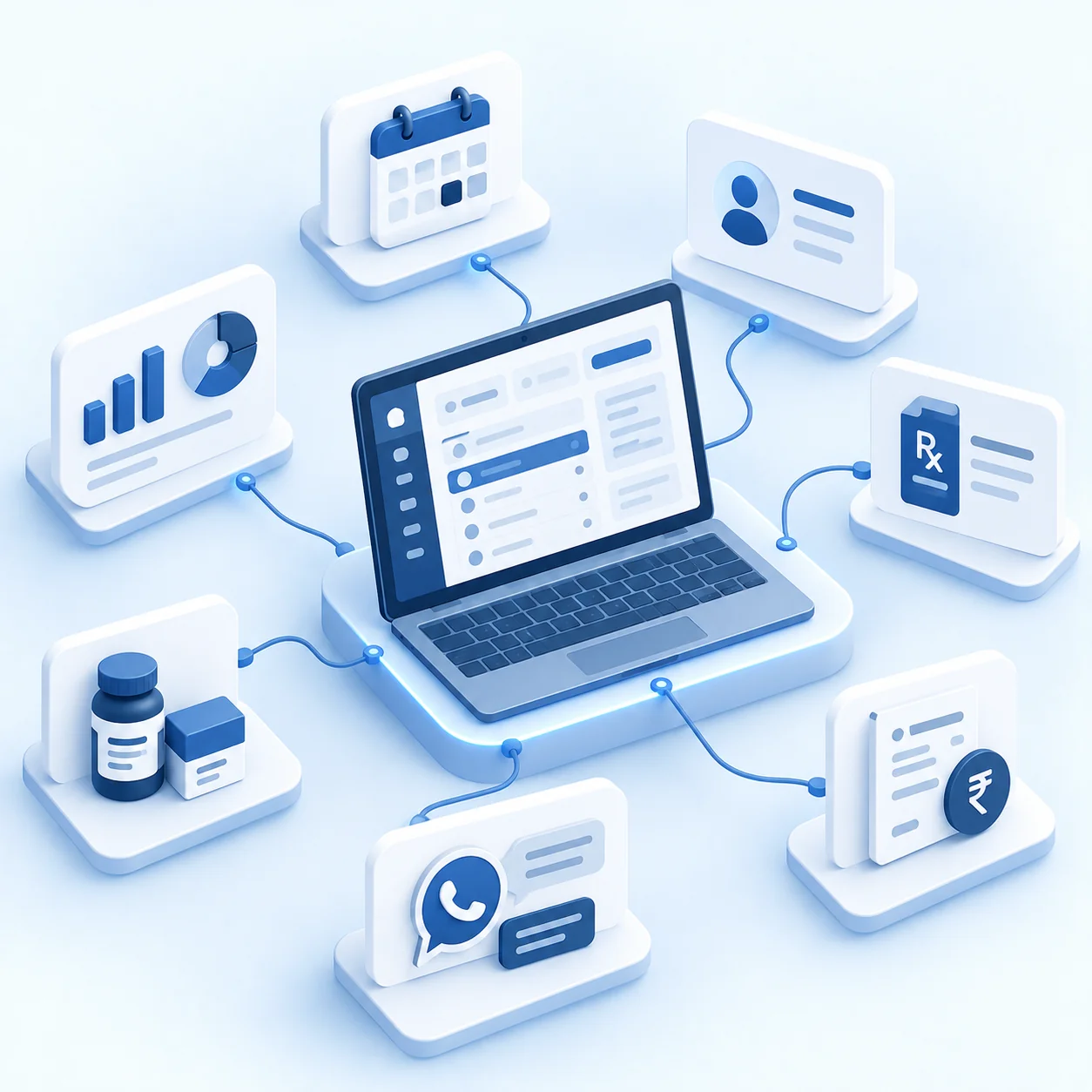 An illustration of a calendar, patient record, prescription, billing, analytics, and messaging cards connected to one central platform