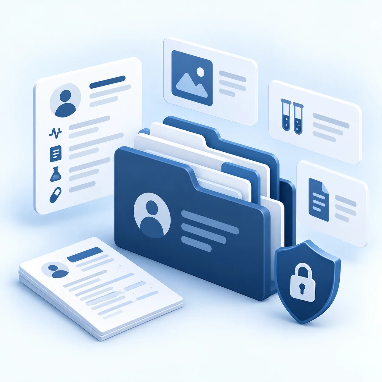 An illustration of a patient record folder with linked document, photo, and lab-report cards, next to a shield-and-lock icon representing data protection